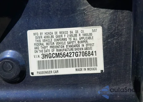 2007 Honda Accord 2.4 Lx from USA, damaged, VIN 3HGCM56427G706841
